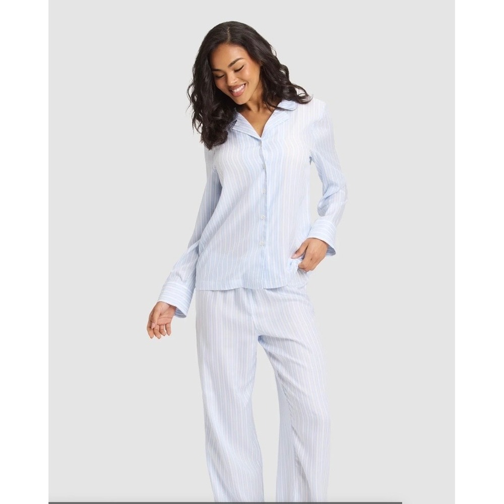 Cozy Earth Women Blue White Striped Bamboo Long Sleeve Pajama Set Size S NWT
